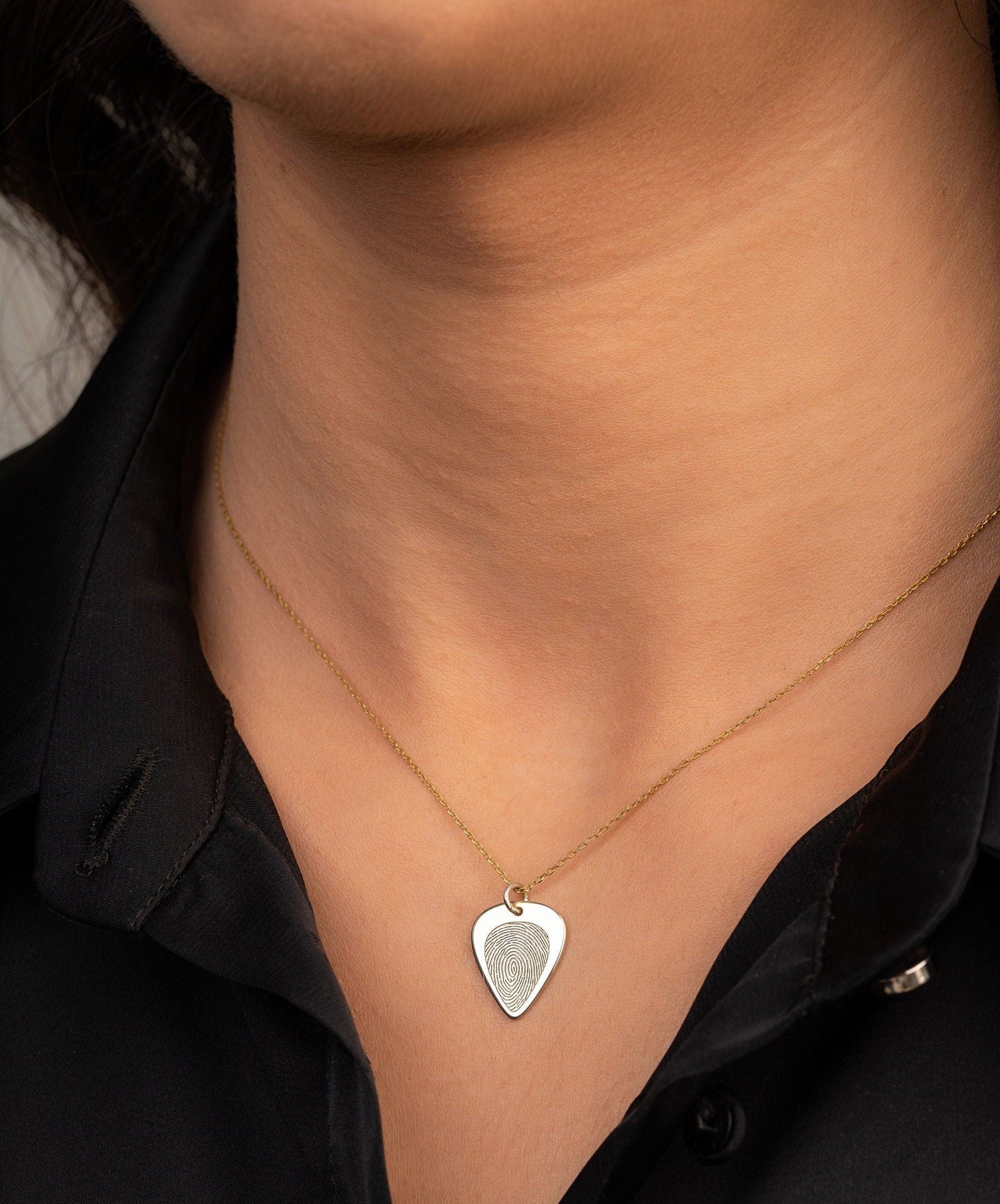 9k & 14k solid Gold Fingerprint Guitar Pick Necklace, Personalized Necklace, Custom engrave Fingerprint Necklace Handwriting jewelry gift - InfinityJools